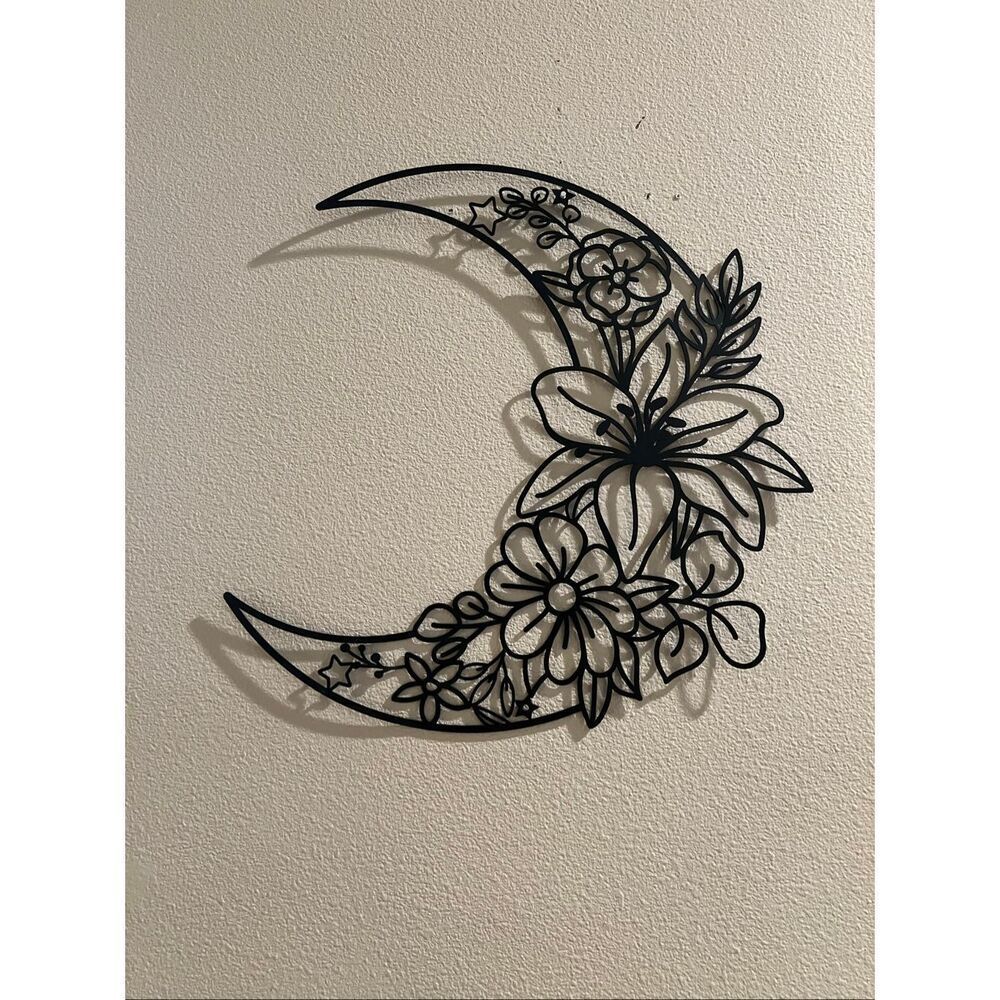 Black Metal Crescent Moon Stars Floral Lily Wall Decoration - Picture 3 of 6